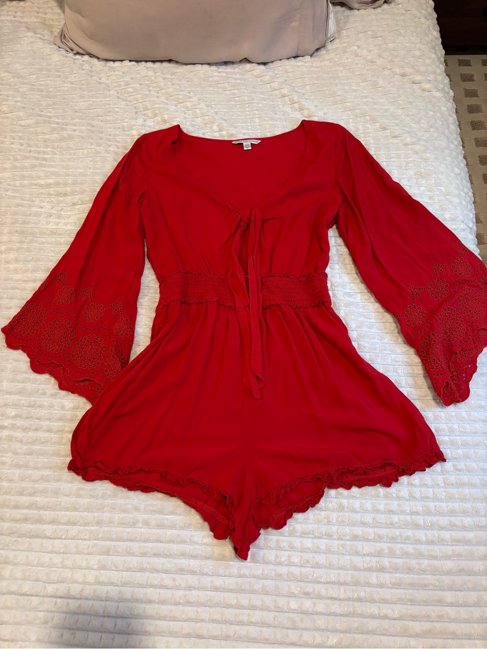 American Eagle Outfitters Red Lace-Sleeve Romper